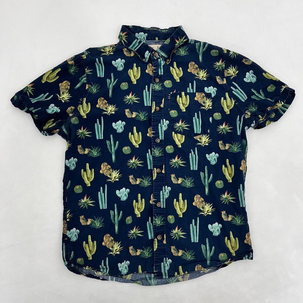 Hollister Mens M Button Down Shirt Blue Cactus Print Short Sleeve Pocket Outdoor